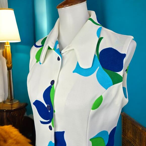 60s Mod Retro Collared Dress Blue Green Turquoise Vintage House Wife Size 18 - Picture 7 of 15